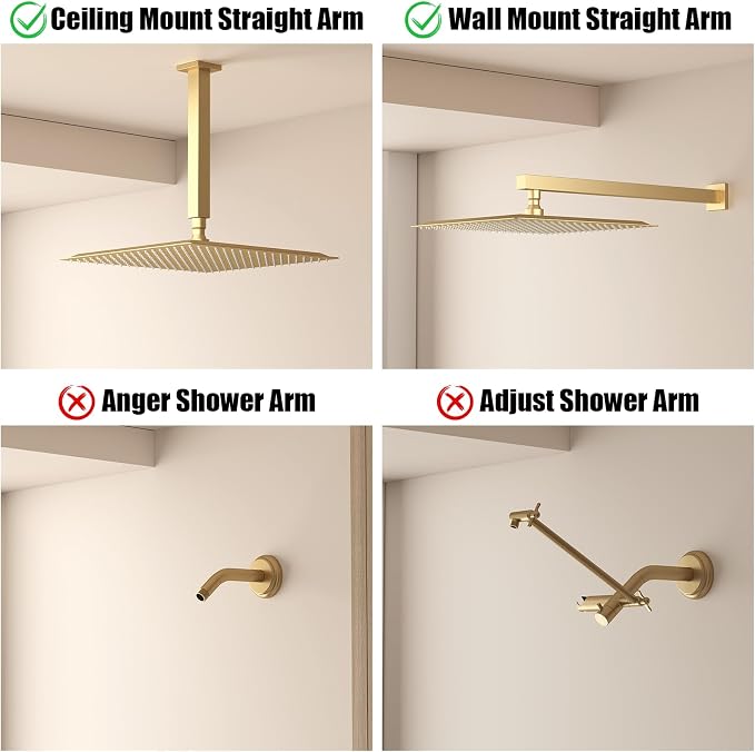BESy 16 Inch Rain Shower Head, 16" Square Rainfall & High Pressure Stainless Steel Bath Showerhead, 1/16" Ultra Thin, Waterfall Full Body Coverage with Silicone Nozzle, Brushed Gold