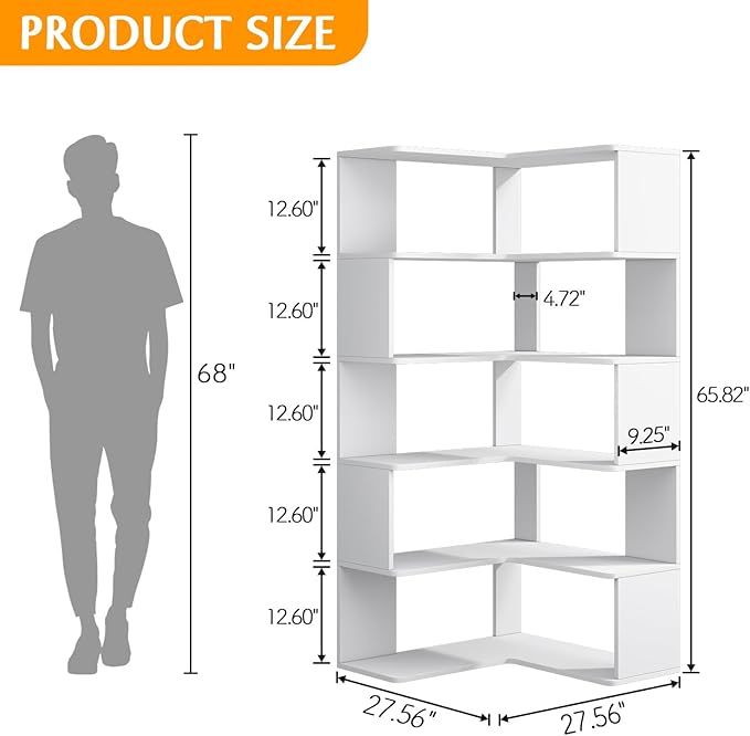 IOTXY 6-Tier L-Shaped Corner Bookshelf - 66" Tall Wooden Freestanding Bookcase with Open Shelf Units, White