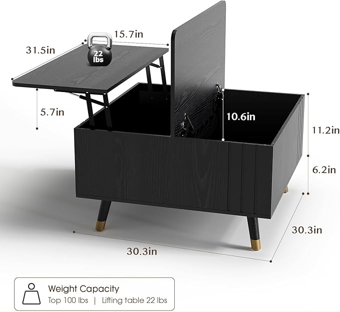 SULIVES Lift Top Coffee Table with Storage,Square Coffee Table with Lifting Top,Modern Center Table with Solid Wood Legs,Small Coffee Tables for Living Room,Black