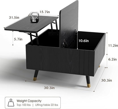 SULIVES Lift Top Coffee Table with Storage,Square Coffee Table with Lifting Top,Modern Center Table with Solid Wood Legs,Small Coffee Tables for Living Room,Black