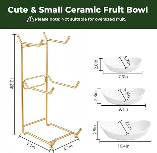 OHiZVZV Fruit Bowls for Kitchen Counter, 3 Tier Ceramic Serving Bowls with Gold Metal Stand, Tiered Fruit Basket for Fruit Vegetable Storage, Fruit Holder for Cake, Dessert, Nuts, Snack
