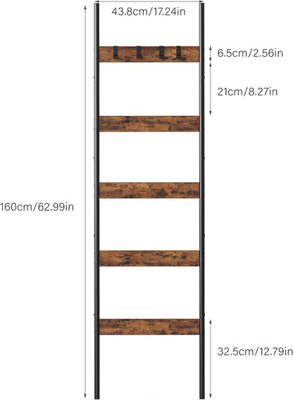 Blanket Ladder, 5-Tier Towel Holder with 4 Removable Hooks, Farmhouse Wall Leaning Decorative Rack Shelf, Wooden Towel Display Rack, Quilt Ladder for Living Room, Bedroom, Rustic Brown