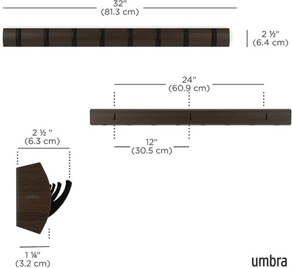 Umbra Flip Wall-Mounted Coat Rack with 8 Hooks – Modern, Space-Saving Storage for Hats, Jackets, Bags, Entryway, Mudroom, Closet, Bathroom, Bedroom – Black/Walnut