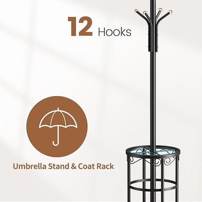 FILWH Coat Rack Freestanding with Umbrella Stand Coat Rack Stand with 12 Hooks Metal Coat Tree Coat and Hat Hanger Jacket Entryway(Black)