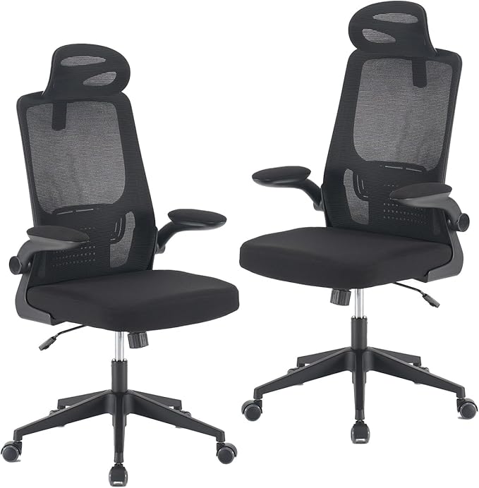 Office Computer Desk Chair, High Back Mesh Home Office Conference Room Chairs with Adjustable Headrest, Flip-Up Arms, Comfortable Lumbar Support, Black (Set of 2)