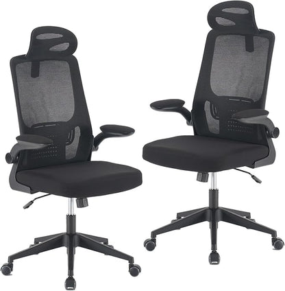 Office Computer Desk Chair, High Back Mesh Home Office Conference Room Chairs with Adjustable Headrest, Flip-Up Arms, Comfortable Lumbar Support, Black (Set of 2)