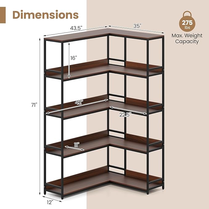 Giantex 5-Tier Corner Bookshelf, 71" L-Shaped Bookcase, Tall Etagere Bookshelf with Metal Frame, Industrial Open Display Shelf, Vertical Storage Rack for Living Room, Study, Office (Walnut)