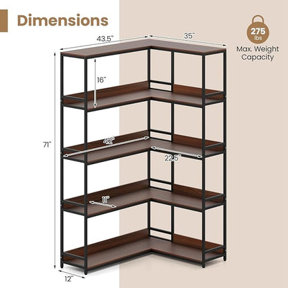 Giantex 5-Tier Corner Bookshelf, 71" L-Shaped Bookcase, Tall Etagere Bookshelf with Metal Frame, Industrial Open Display Shelf, Vertical Storage Rack for Living Room, Study, Office (Walnut)
