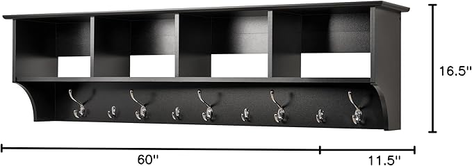 Prepac 60" Contemporary Wall Mounted Coat Rack, Coat Hooks Wall Mount with 4 Shelves, Ideal for Hallway or Entryway Hanging Solution, 11.5"D x 60"W x 16.5"H, Black