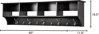Prepac 60" Contemporary Wall Mounted Coat Rack, Coat Hooks Wall Mount with 4 Shelves, Ideal for Hallway or Entryway Hanging Solution, 11.5"D x 60"W x 16.5"H, Black