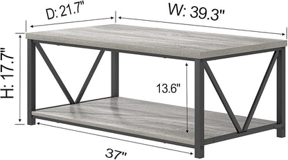 FOLUBAN Modern Coffee Table, Rustic Wood and Metal Center Table with Storage Shelf, Industrial Cocktail Table for Living Room, Light Grey, 39 Inch