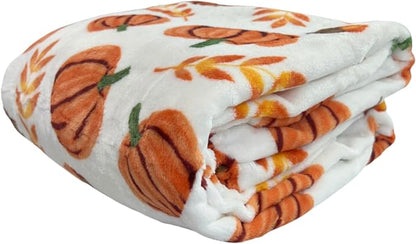 Home Decor Farmhouse Fall Fleece Throw Blanket: Harvest Pumpkins Leaves and Wheat on Velvet Fleece, Oversized Measures 70" inches x 50" inches