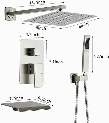Brushed Nickel Rainfall Shower Head 8 Inch Set Faucet with Tub Spout and Handle System Square Wall Mount for Bathroom