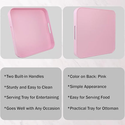 Square Pink Decorative Serving Tray with Handles, Versatile Ottoman Tray for Coffee Table, Entertaining, Outdoor Patio, Living Room, 13”*13”*1.6”