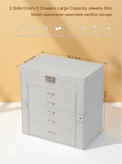 BOOVO Jewelry Box For women, 6 Layer Large Jewelry Organizer With Mirror, Multi-Function Storage Box With Lock, Necklace Holder With 5 Drawers, For Earrings Necklace Bracelet (Silver and Grey)