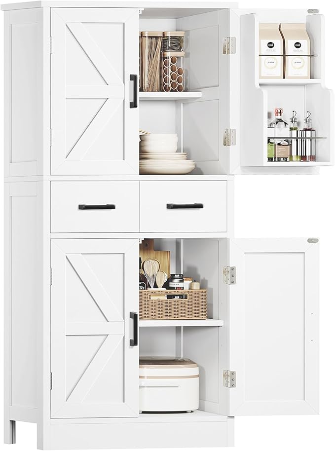 TEENFON 53" H Pantry Cabinet with 2 Drawers, Kitchen Storage Cabinet with 4 Door Shelves, Kitchen Pantry for Living Room, Dining Room, Bathroom, White