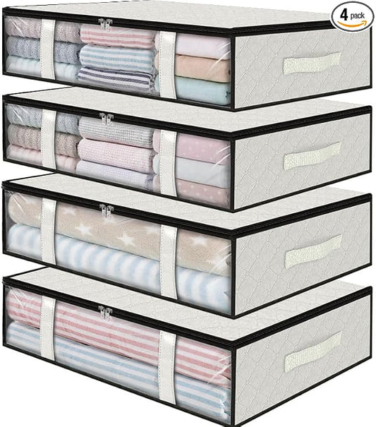 StorageRight Under Bed Storage Bags 4 Pack, 40L Large Clothes & Comforter Storage Containers with Clear Window, Breathable Fabric Organizer for Blankets, Bedding, Seasonal Clothing, White