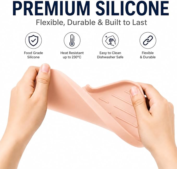 MicoYang Silicone Soap Dish with Drain Spout — Self-Draining Sink Organizer Tray for Bathroom & Kitchen, Sponges, Dispensers & Soap Holder, Non-Slip & Dishwasher Safe, Pink (Medium, 9.6"×5.3")