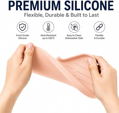MicoYang Silicone Soap Dish with Drain Spout — Self-Draining Sink Organizer Tray for Bathroom & Kitchen, Sponges, Dispensers & Soap Holder, Non-Slip & Dishwasher Safe, Pink (Medium, 9.6"×5.3")