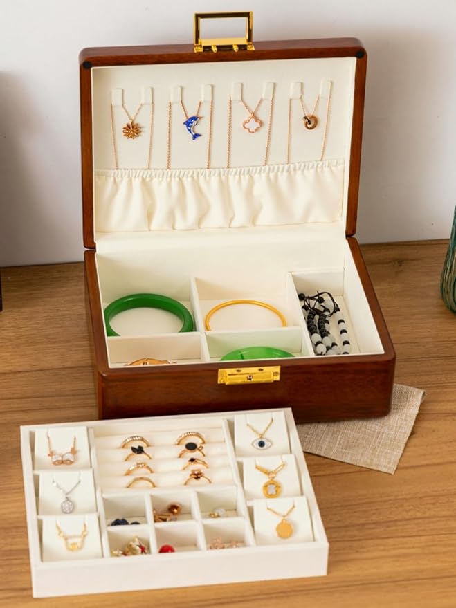 Solid Walnut Wood Jewelry Box with Lock,2 Layer Velvet Wood Jewelry Organizer Storage Lined for Earrings Rings Necklaces Bracelets Cufflink Gift Idea for Men Women, Beige