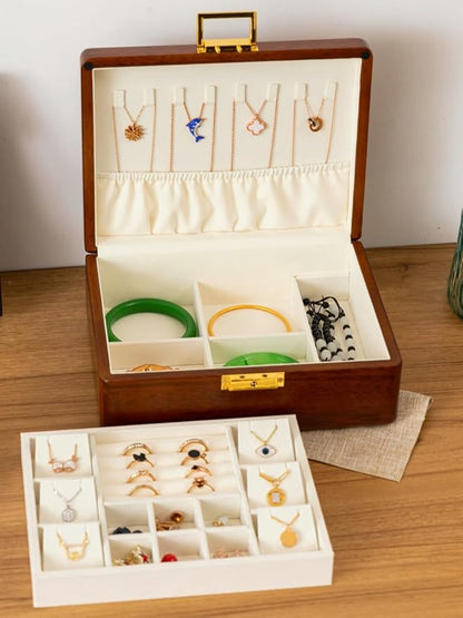 Solid Walnut Wood Jewelry Box with Lock,2 Layer Velvet Wood Jewelry Organizer Storage Lined for Earrings Rings Necklaces Bracelets Cufflink Gift Idea for Men Women, Beige