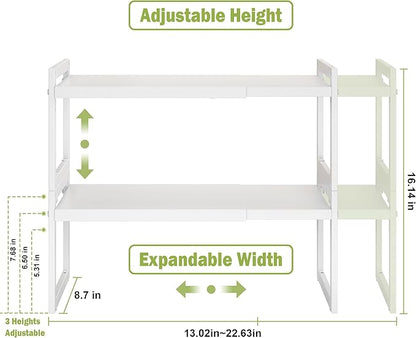 DOLALIKE Expandable Kitchen Countertop Organizer, Stackable Cabinet Shelf Organizers, Space Saving Spice Rack Pantry Storage for Bathroom Office Organization (White, 2 Tier)