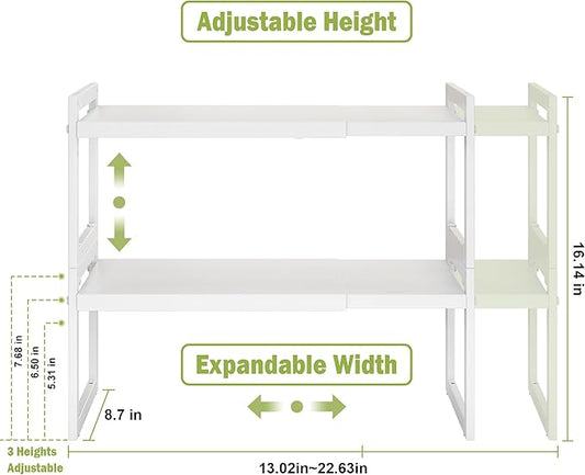DOLALIKE Expandable Kitchen Countertop Organizer, Stackable Cabinet Shelf Organizers, Space Saving Spice Rack Pantry Storage for Bathroom Office Organization (White, 2 Tier)