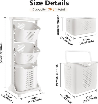BAOKALER Rolling Laundry Hamper Cart with Wheels, 3 Tier White Laundry Baskets, Clothes Hamper with Portable Storage Baskets for Kitchens, Bathrooms, Bedrooms, Classrooms, Laundry Rooms(75L)