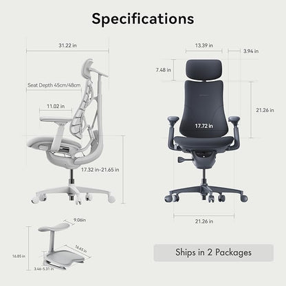 LiberNovo Dynamic Ergonomic Desk Chair + StepSync Footrest Bundle - Comfy Home Office Chair with Adaptive Lumbar Support, 160° Recline & Built-in Spine Stretch, Gray+45cm