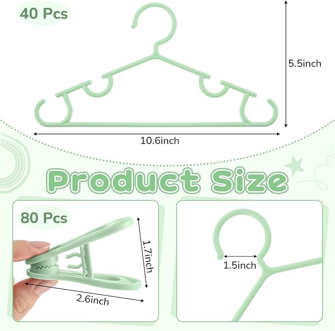 Hsei 5/10/40 Pack Baby Hangers with 10/20/80 Clips, Plastic Kids Pants Hangers for Nursery Closet Top and Bottom Clothes Hanger Set for Newborn Infant Toddler(120 Packs Total,Mint Green,10.6 Inch)