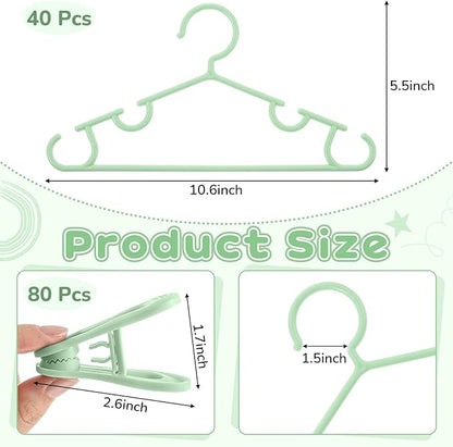Hsei 5/10/40 Pack Baby Hangers with 10/20/80 Clips, Plastic Kids Pants Hangers for Nursery Closet Top and Bottom Clothes Hanger Set for Newborn Infant Toddler(120 Packs Total,Mint Green,10.6 Inch)