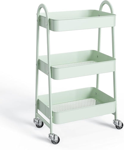 NEWBULIG 3-Tier Metal Rolling Cart with Lockable Wheels, Heavy Duty Mobile Utility Storage Shelf, Roller Book Snack Cart, Organization for Livingroom, Bathroom, Office, Green