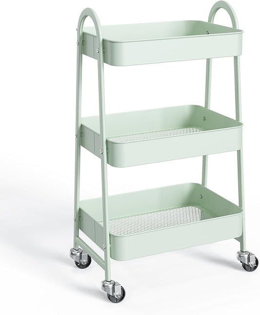 NEWBULIG 3-Tier Metal Rolling Cart with Lockable Wheels, Heavy Duty Mobile Utility Storage Shelf, Roller Book Snack Cart, Organization for Livingroom, Bathroom, Office, Green