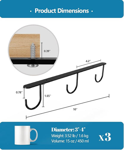 Luckinow 3 Pack Mug Hooks Under Cabinet, Coffee Mug Holder for Hanging Under Shelf, Cup Hanger with 9 Hooks for Displaying Mugs, Coffee Cups and Kitchen Utensils, Black