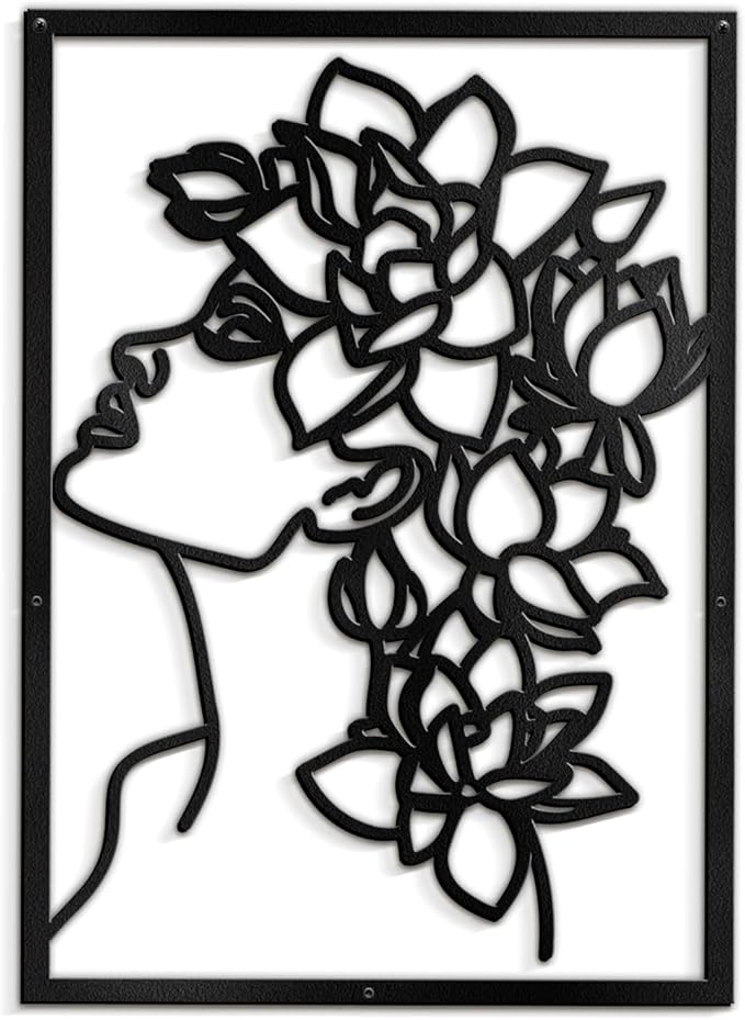SIGNLEADER Metal Wall Art Decor Flowers Head Woman Modern Abstract Wall Sculpture Hangings Home Decoration for Living Room, Bedroom, Bathroom, Kitchen, Outdoor - 24" Black