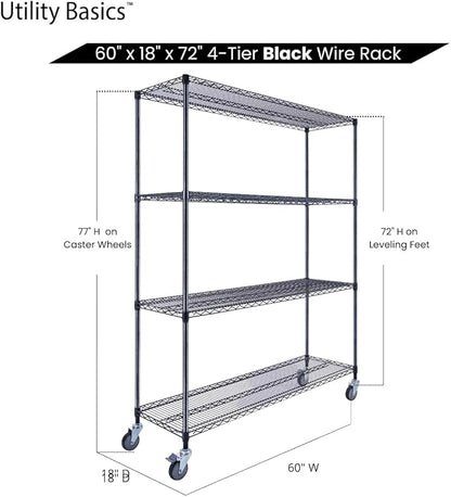 Utility Basics NSF Commercial 4-Tier Wire Shelving with Wheels, 60"x18"x72" Heavy Duty Metal Shelves 3200 lbs Max Capacity, Black Storage Rack for Garage Kitchen Pantry Warehouse