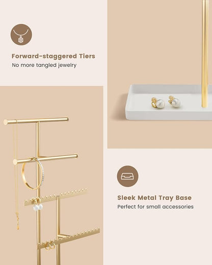 Lolalet 4-Tier Jewelry Organizer Stand, Metal Jewellery Holder, Dresser Display Rack for Necklace Earring Bracelets Rings, Gift for Women Girls -Gold