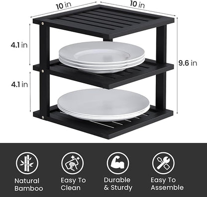 4 Pack Bamboo Corner Shelf,3 Tier Kitchen Cabinet Organizer for Plates and Dishes,Pantry Storage and Spice Rack（Black）