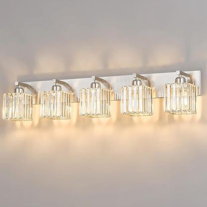 Modern Vanity Light 5-Lights Brushed Nickel Vanity Light Crystal Bathroom Wall Light Bathroom Light Fixtures