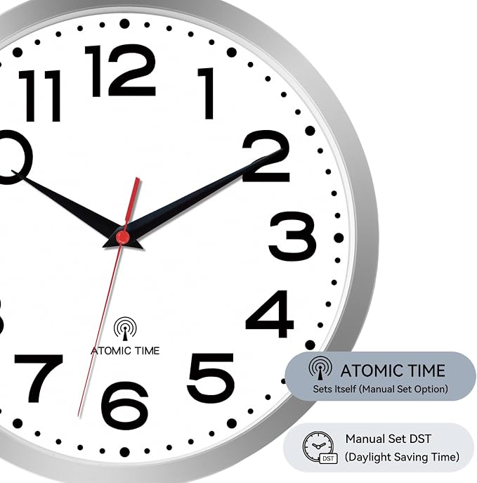 Roymnie Atomic Wall Clock 12 Inch, Modern Clock Battery Operated Classic Analog Decorative for Kitchen, Living Room, Office, Bedroom, Bathroom (Silver)