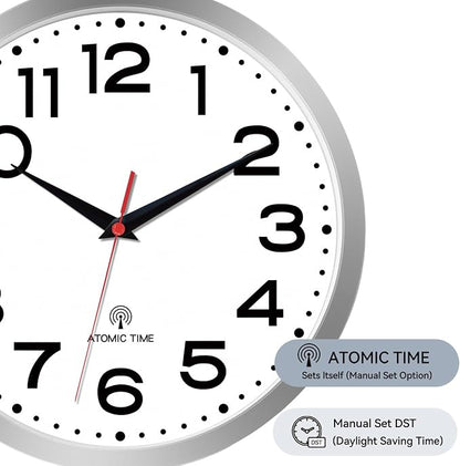 Roymnie Atomic Wall Clock 14 Inch, Modern Clock Battery Operated Classic Analog Decorative for Kitchen, Living Room, Office, Bedroom, Bathroom (Silver)