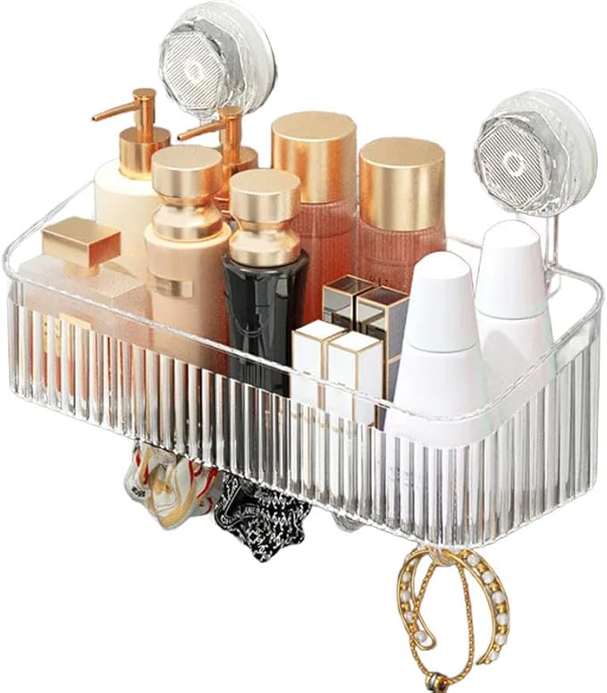 No-Drill Bathroom Storage Suction Cup Storage Box, Removable, Freely Adjustable Vacuum Suction Cup Storage Box, Large Capacity & Strong Load-Bearing, Hanging Shower Organizer (Transparent)