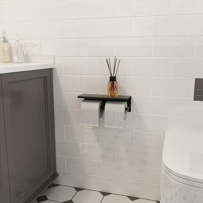 BGL Toilet Paper Holder with Shelf Matte Black, 304 Stainless Steel Wall Mount Toilet Tissue Roll Holder with Double Post for Bathroom, Commercial Toilet Paper Dispenser with Phone Shelf