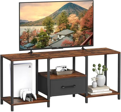 JARHETUN TV Stand with Fabric Drawer for 55 Inch TV, Entertainment Center with Open Shelves, Media TV Console Table for Living Room, Bedroom, Rustic Brown