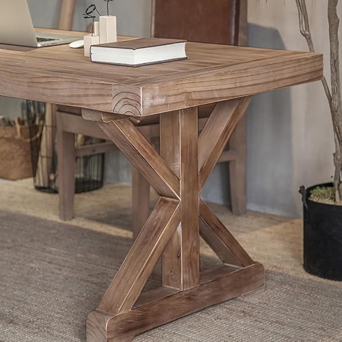 homary 47.2" Solid Wood Executive Desk, Rustic Farmhouse Home Office Desk with X-Trestle Base, Compact Writing & Computer Table for Home Office or Study Room