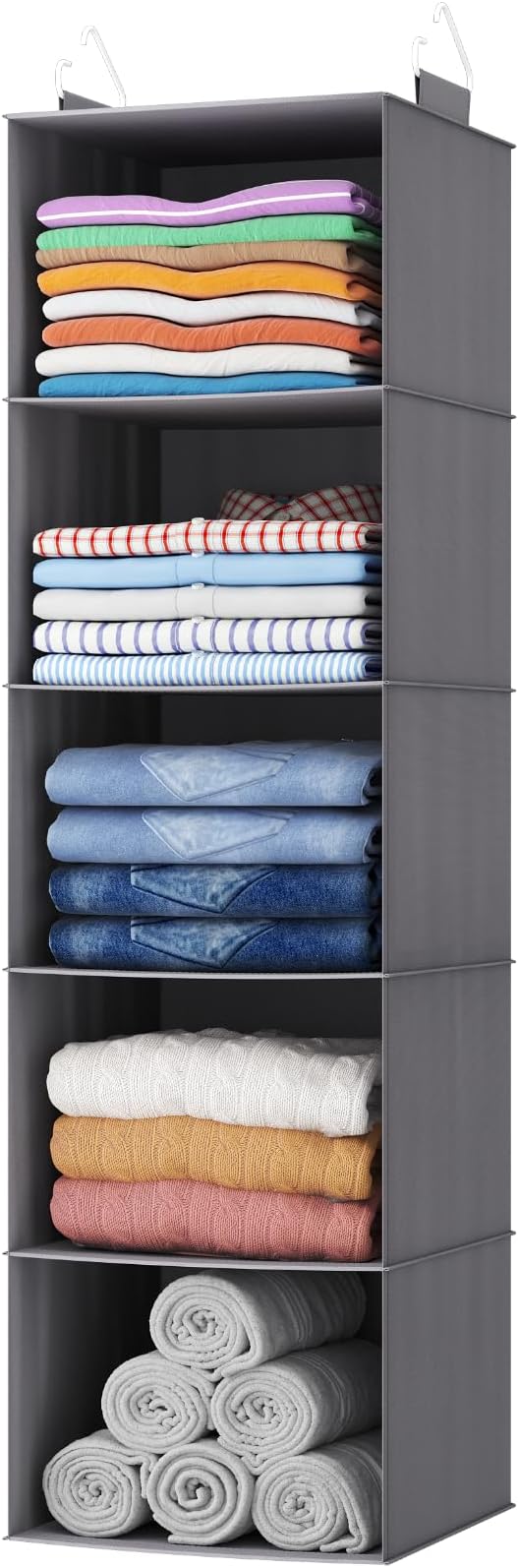 Lifewit 5 Tier Hanging Closet Organizer and Storage for Shelves, Foldable Clothes Shelf with 2 Sturdy Hooks, Sweater/Coat/Shoes Clothing Organization for Wardrobe, Dorm, Bedroom, Gray