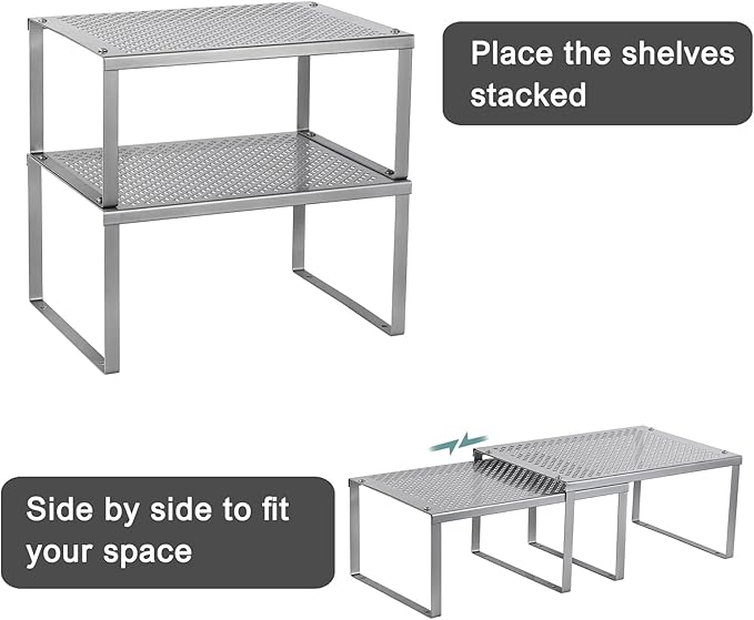 NEX Kitchen Shelf Organizer for Counter Cupboard Pantry, Set of 2 Cabinet Shelf Organizer Spice Rack, Stackable, Metal, Silver