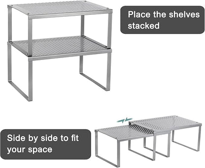 NEX Kitchen Shelf Organizer for Counter Cupboard Pantry, Set of 2 Cabinet Shelf Organizer Spice Rack, Stackable, Metal, Silver