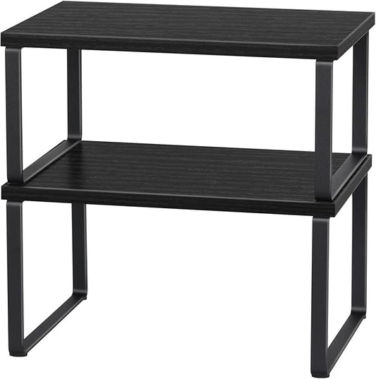 CADUKE Counter Shelf Organizer Set of 2 Kitchen Cabinet Shelves Expandable Countertop Shelves Organizer Wood Cabinet Shelf Black Stackable Storage Rack for Pantry