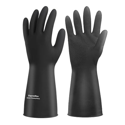 Heavy-Duty Thick Black Rubber Cleaning Gloves, 2 Pairs, M | Reusable & waterproof black/orange dual layers. Non-slip design for dishwashing, kitchen cleaning, and auto care.